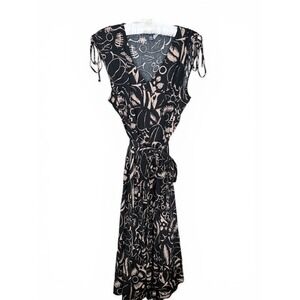 Chaps Womens Black Tan Abstract Botanical Midi Dress Button Front Tie Waist L